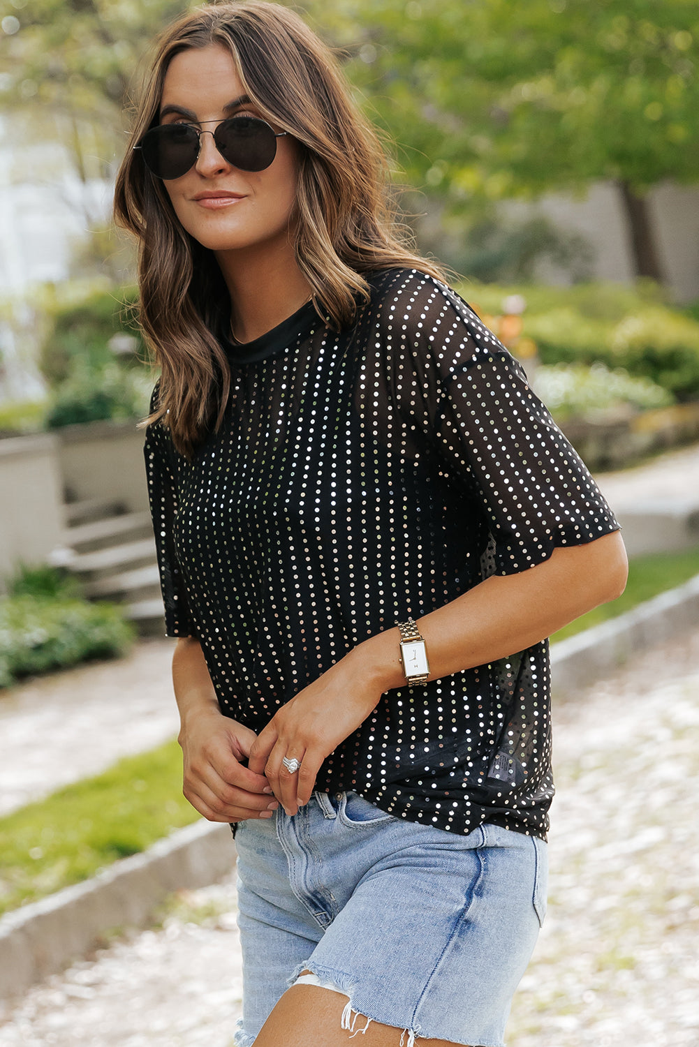 Black Sequin Drop Shoulder Sheer T-shirt