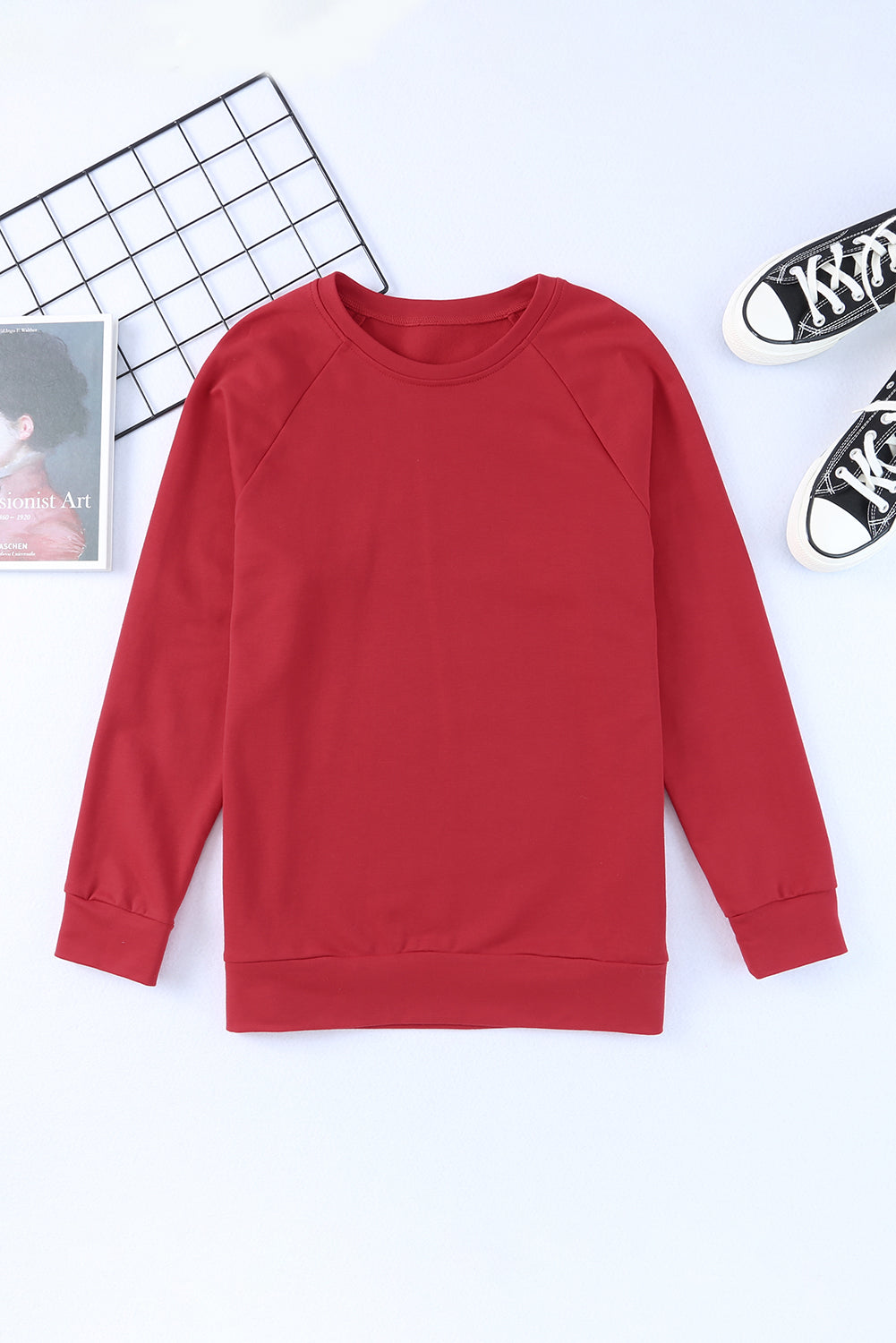 Fiery Red Solid Round Neck Raglan Sleeve Sweatshirt