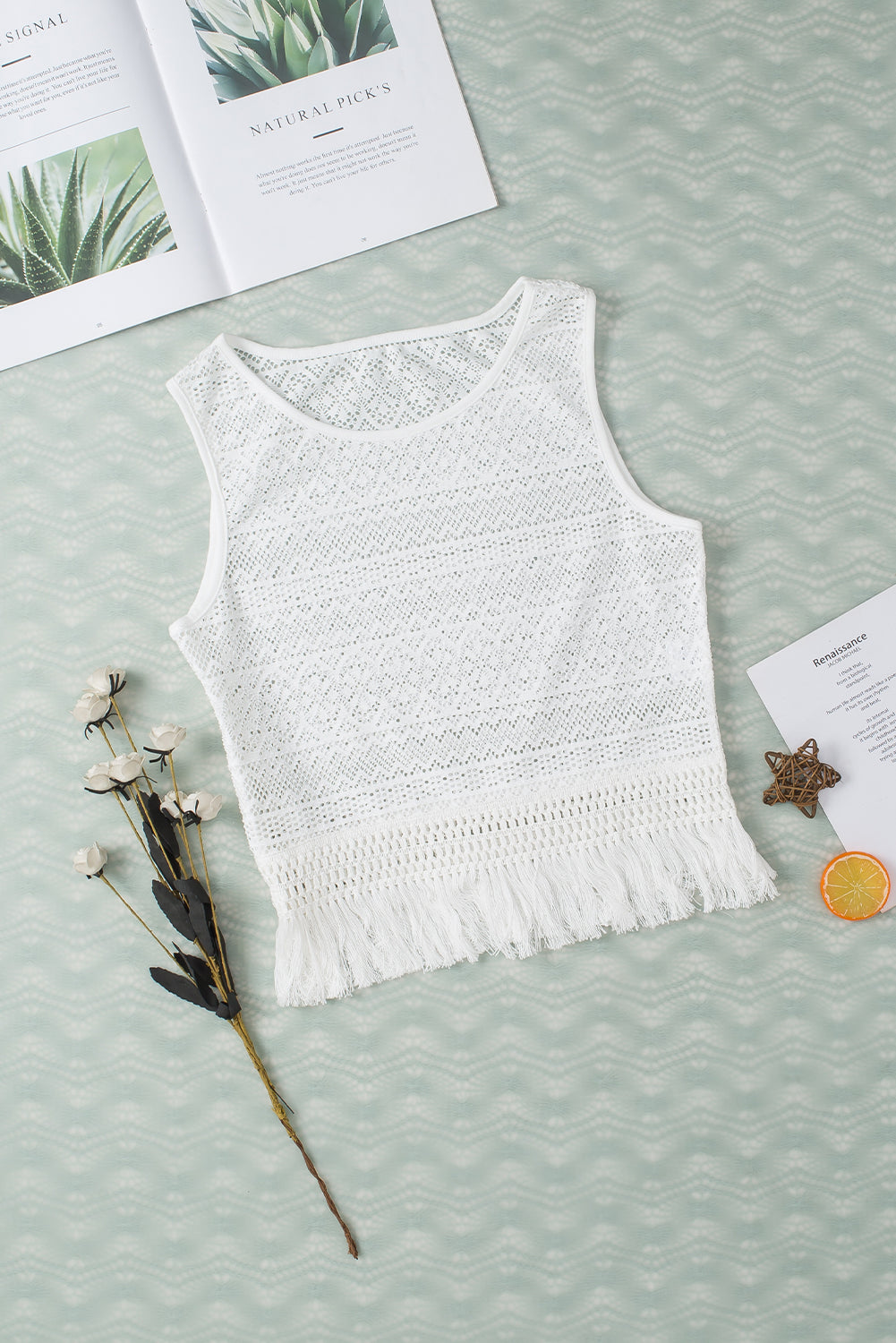 White Lace Crochet Hollow out Fringed Tank Top