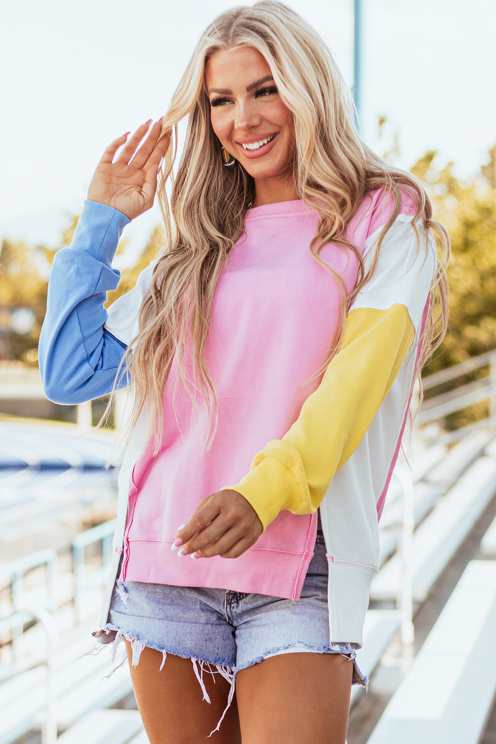 Bonbon Color Block Exposed Seam Side Slits Crewneck Sweatshirt