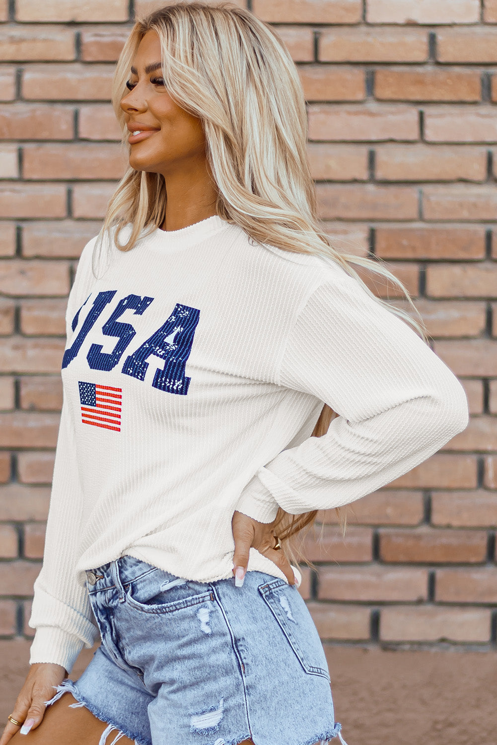 White USA Flag Corded Graphic Sweatshirt