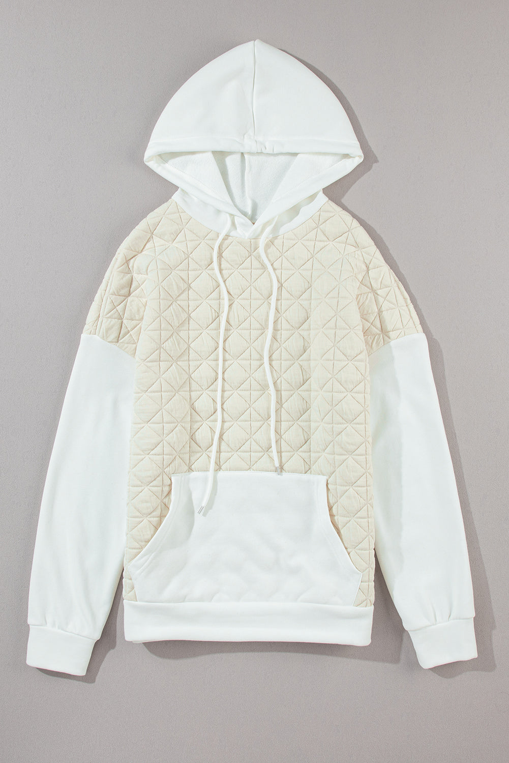 Beige Drop Shoulder Quilted Patchwork Kangaroo Pocket Hoodie