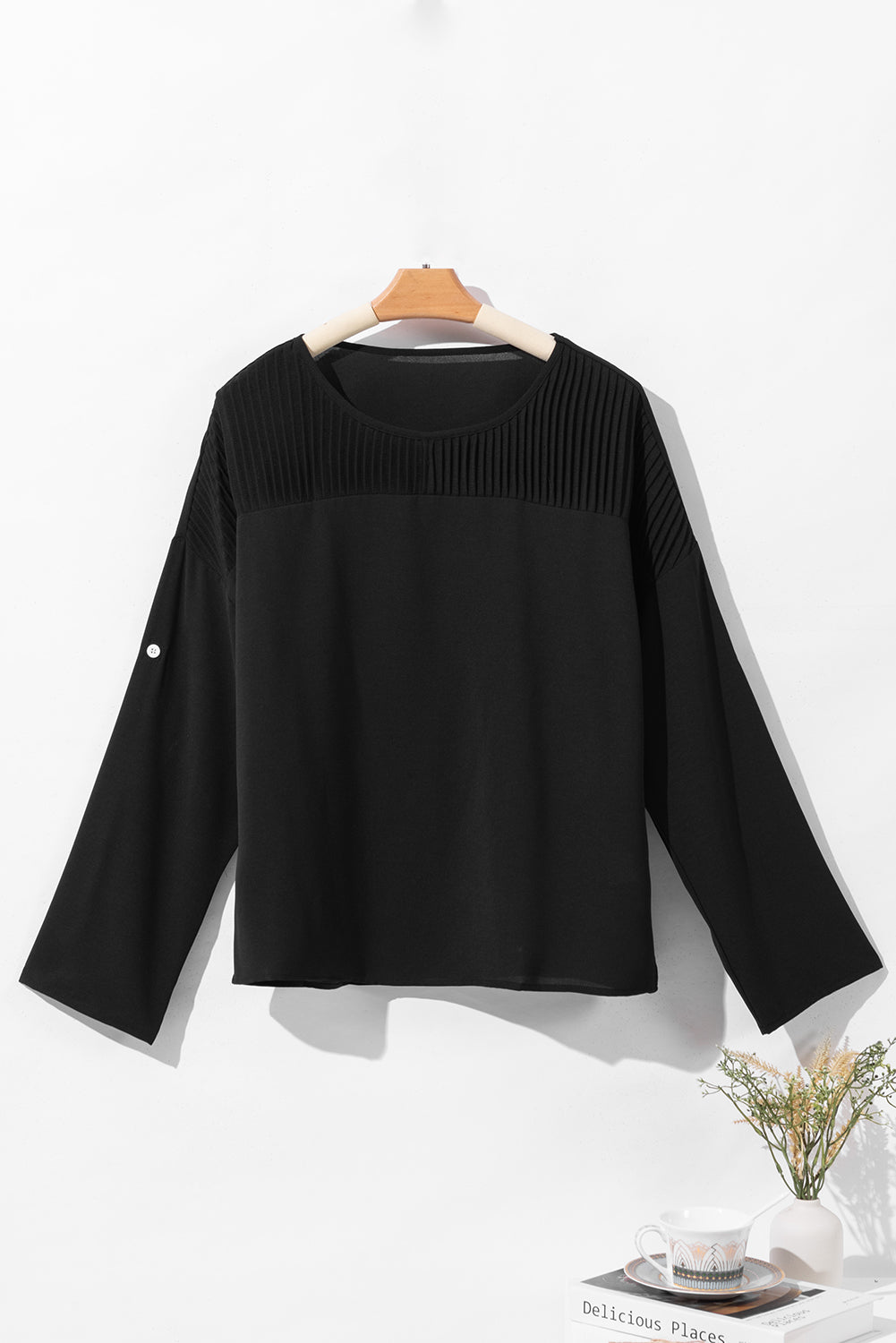 Black Roll Up Sleeve Stitching Detail Blouse