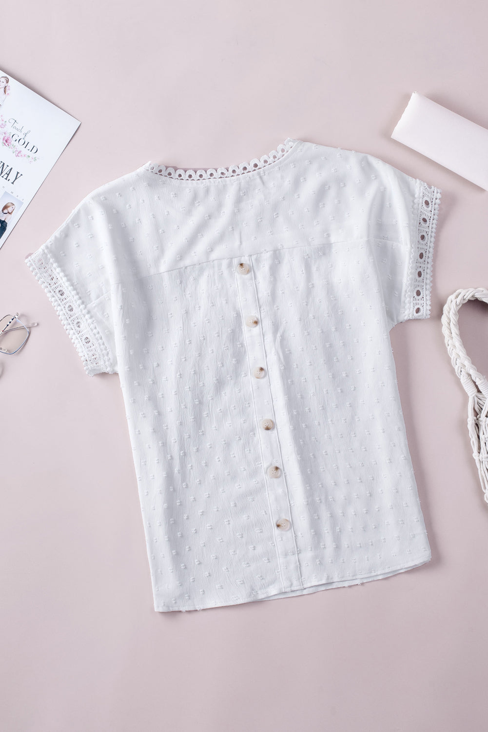 White Swiss Dot Lace Splicing Short Sleeve Top