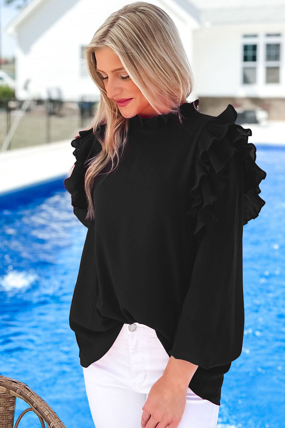 Black Button Keyhole Back Pleated Ruffle Trim Blouse