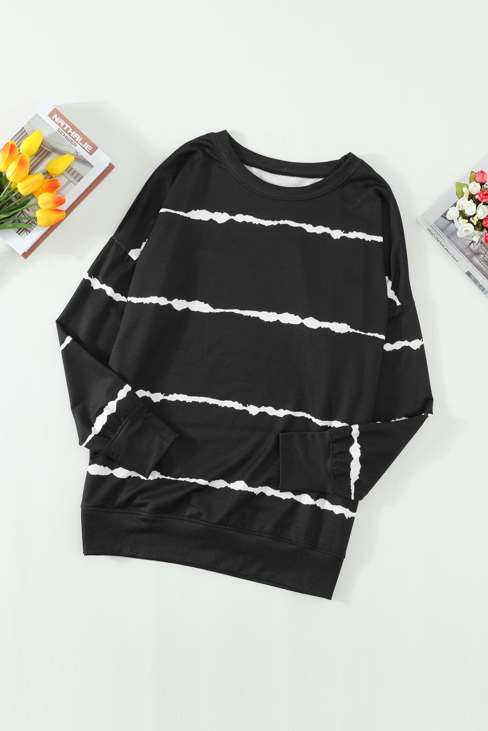 Black Striped Abstract Long Sleeve Casual Sweatshirt