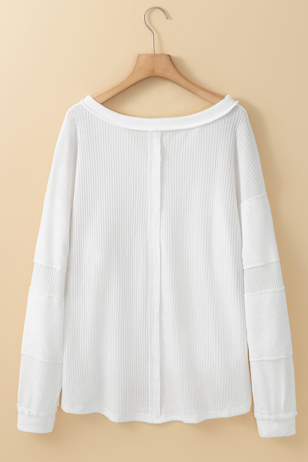 White Contrast Patched Exposed Seam Waffle Knit Henley Top