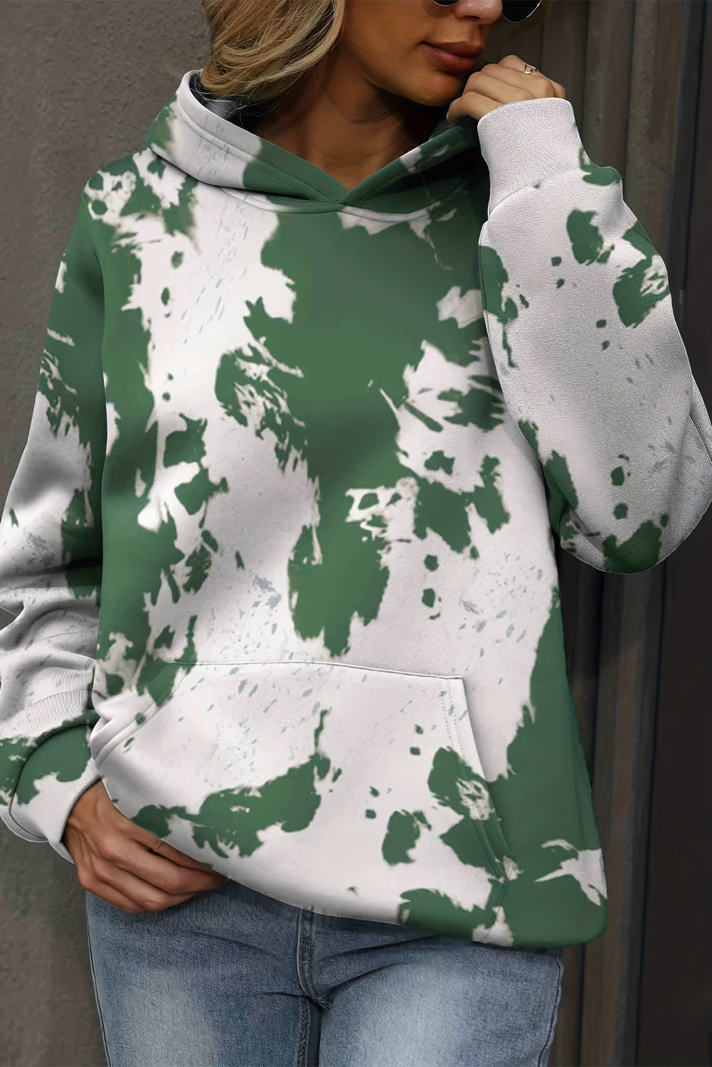 Green Tie Dye Print Kangaroo Pocket Loose Hoodie