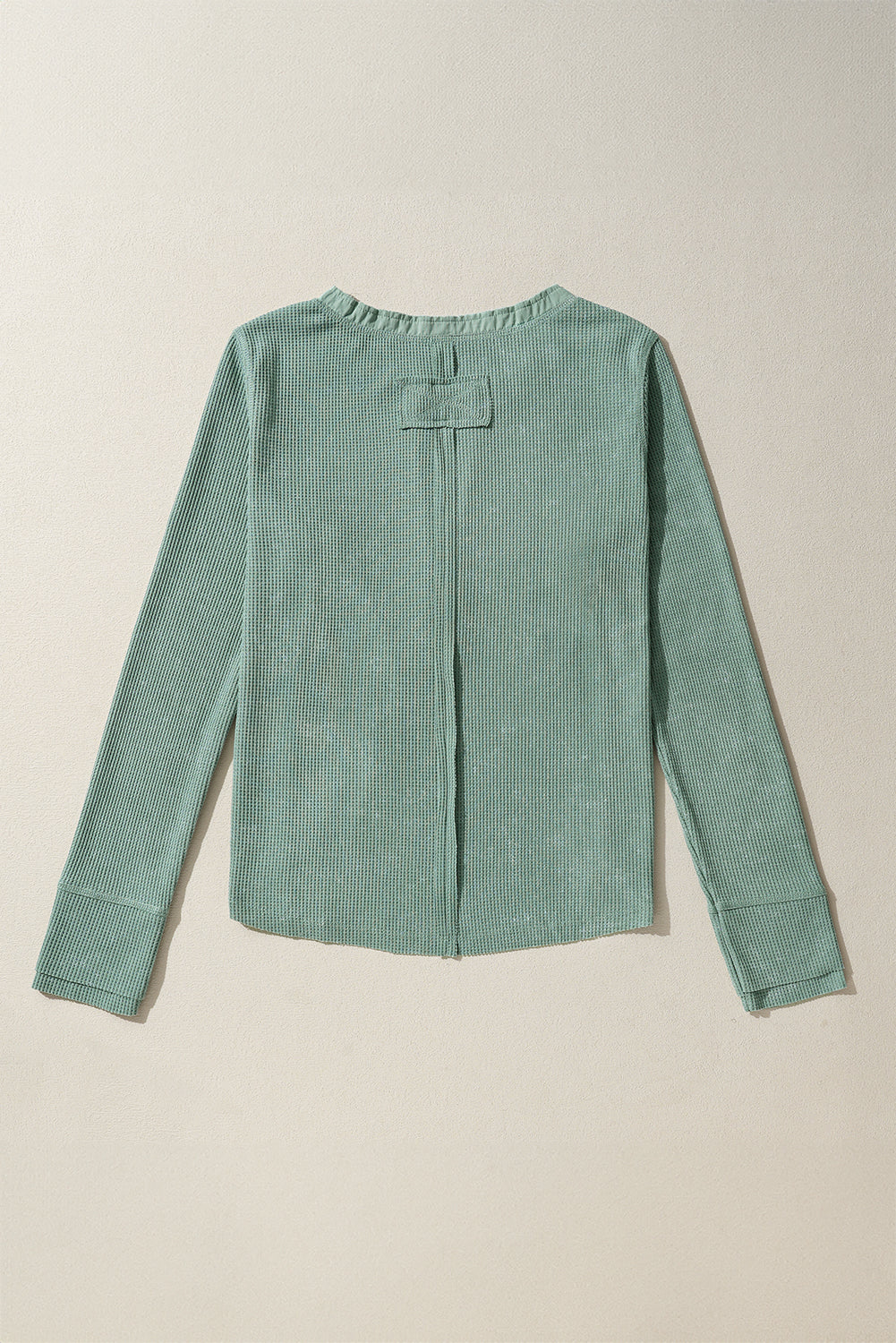 Smoke Green Acid Wash Waffle Knit Buttoned Neckline Long Sleeve Top