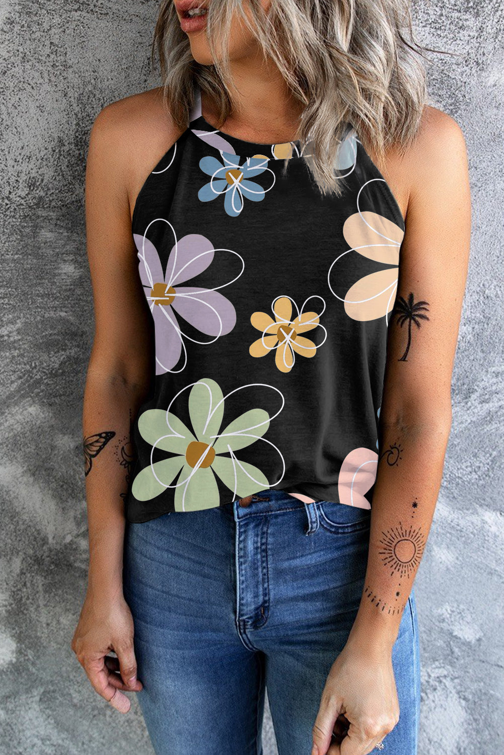 Black Sweet Floral Tank Top