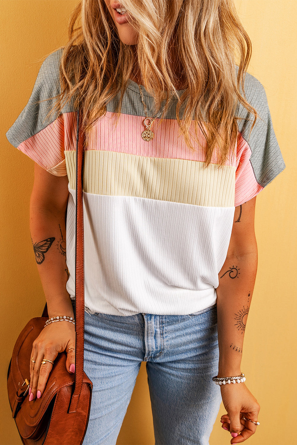 White Ribbed Color Block Patchwork T-shirt