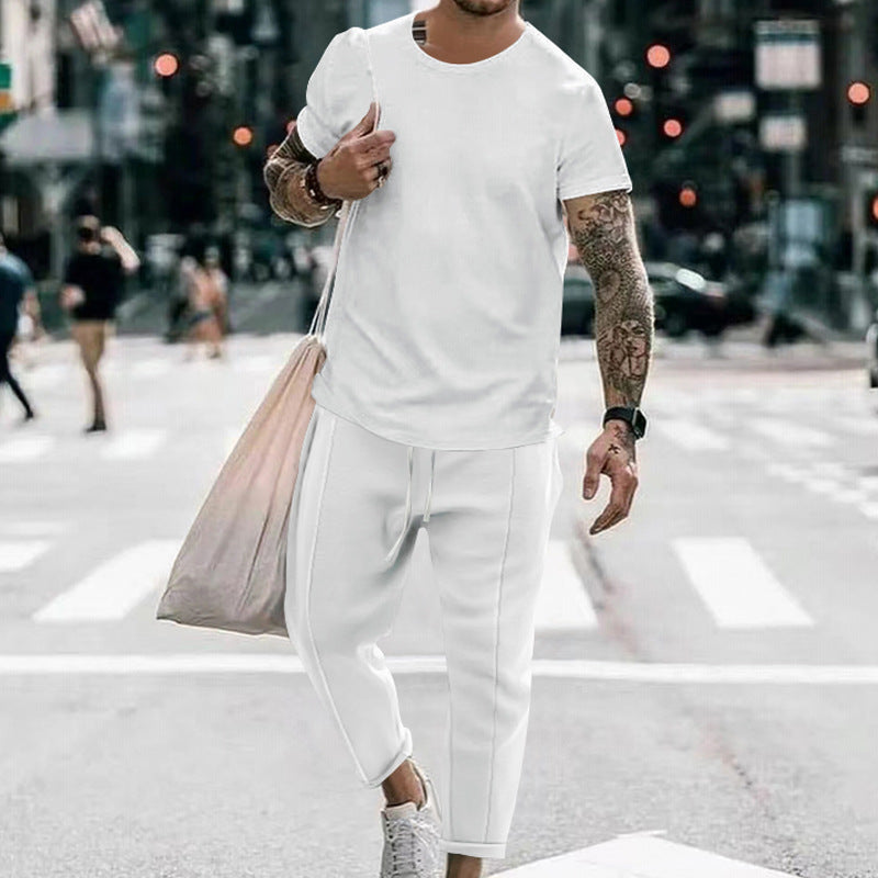 Round Neck Short Sleeve T-shirt Casual Fashion Men's Trousers Suit