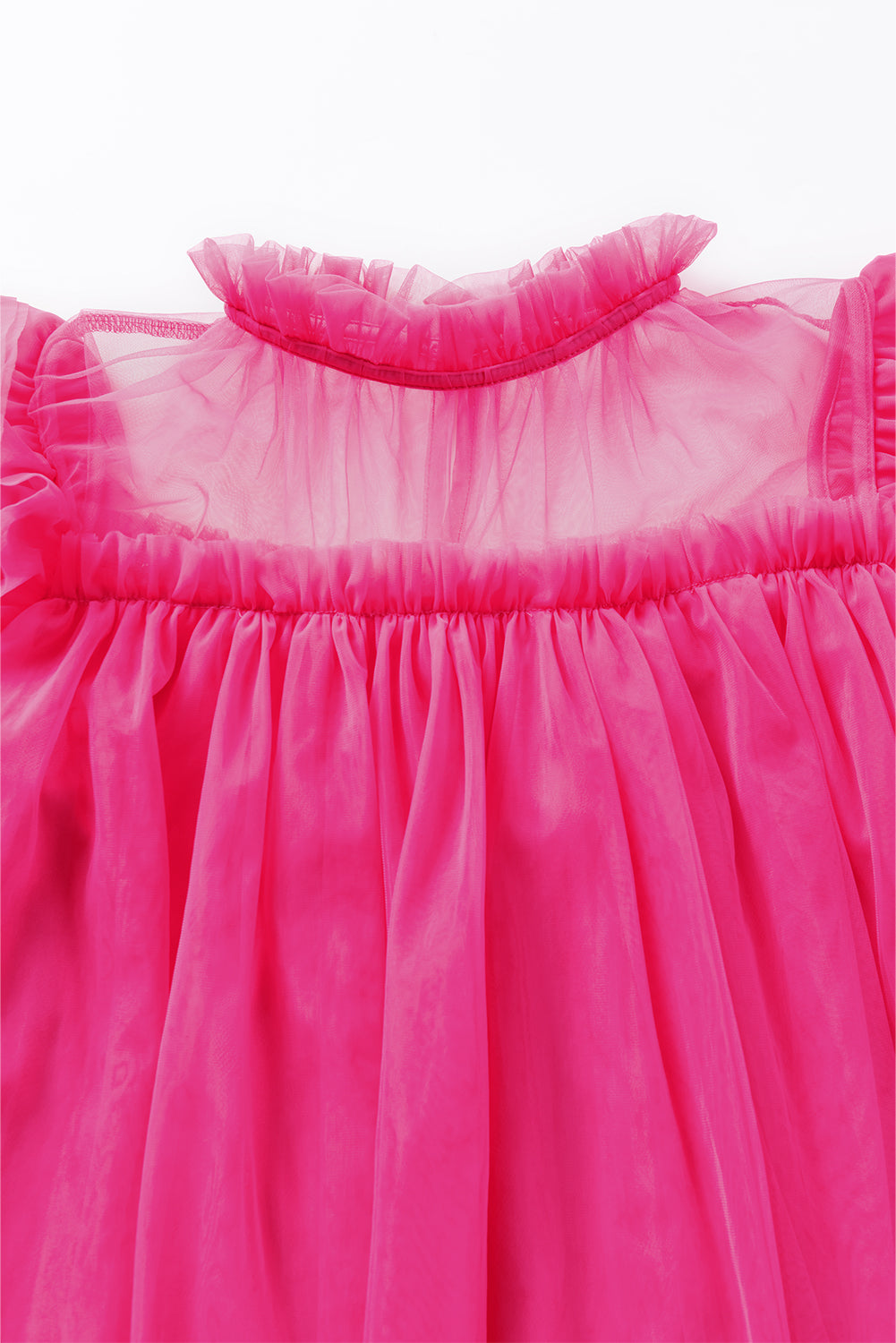 Strawberry Pink Tulle Ruffle Sleeve Flared Babydoll Blouse