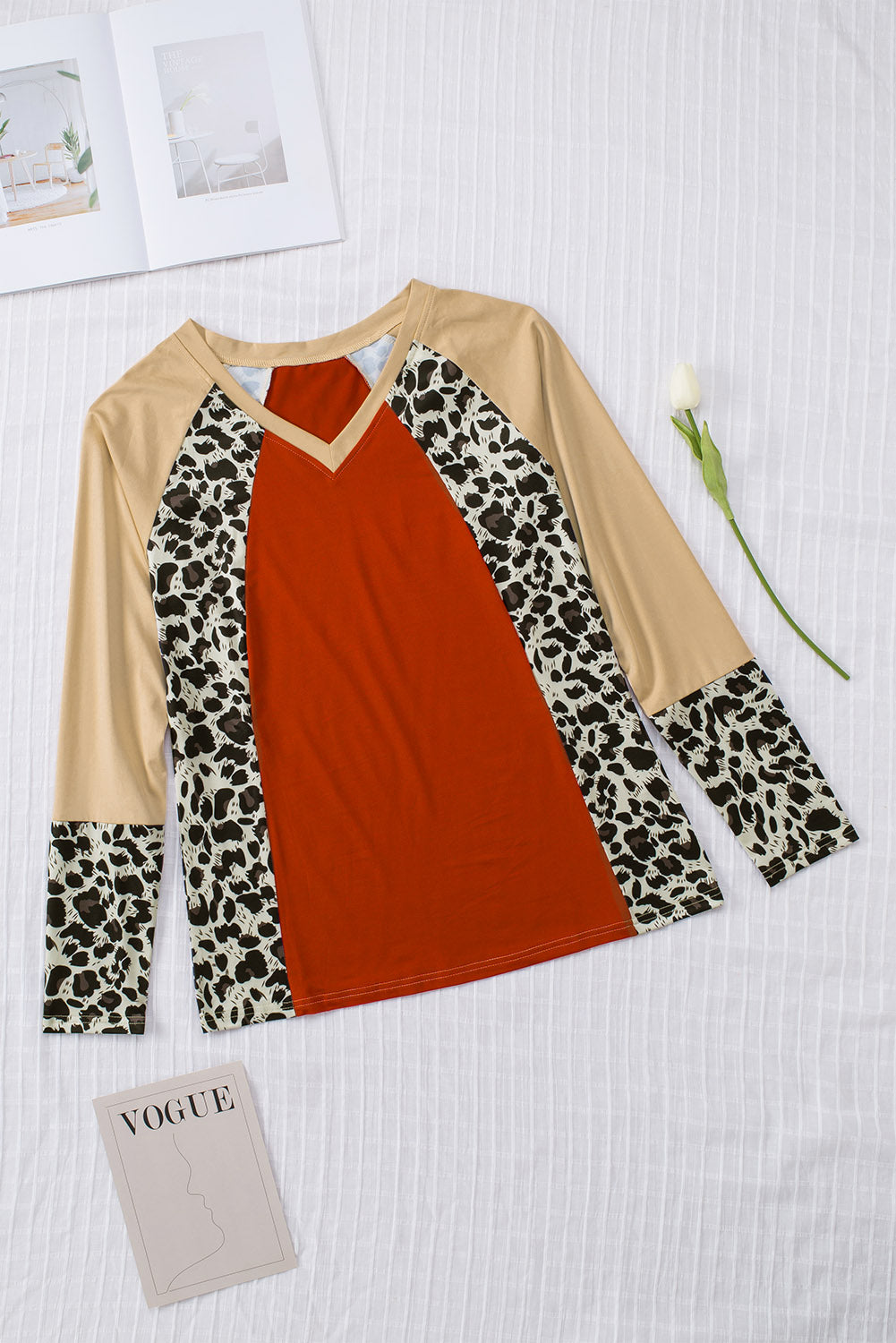 Brown Colorblock Leopard V Neck Long Sleeve Top