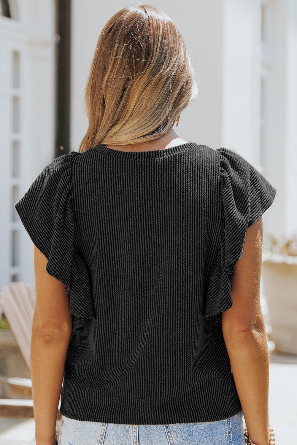 Black Ribbed Knit Ruffled Short Sleeve T Shirt