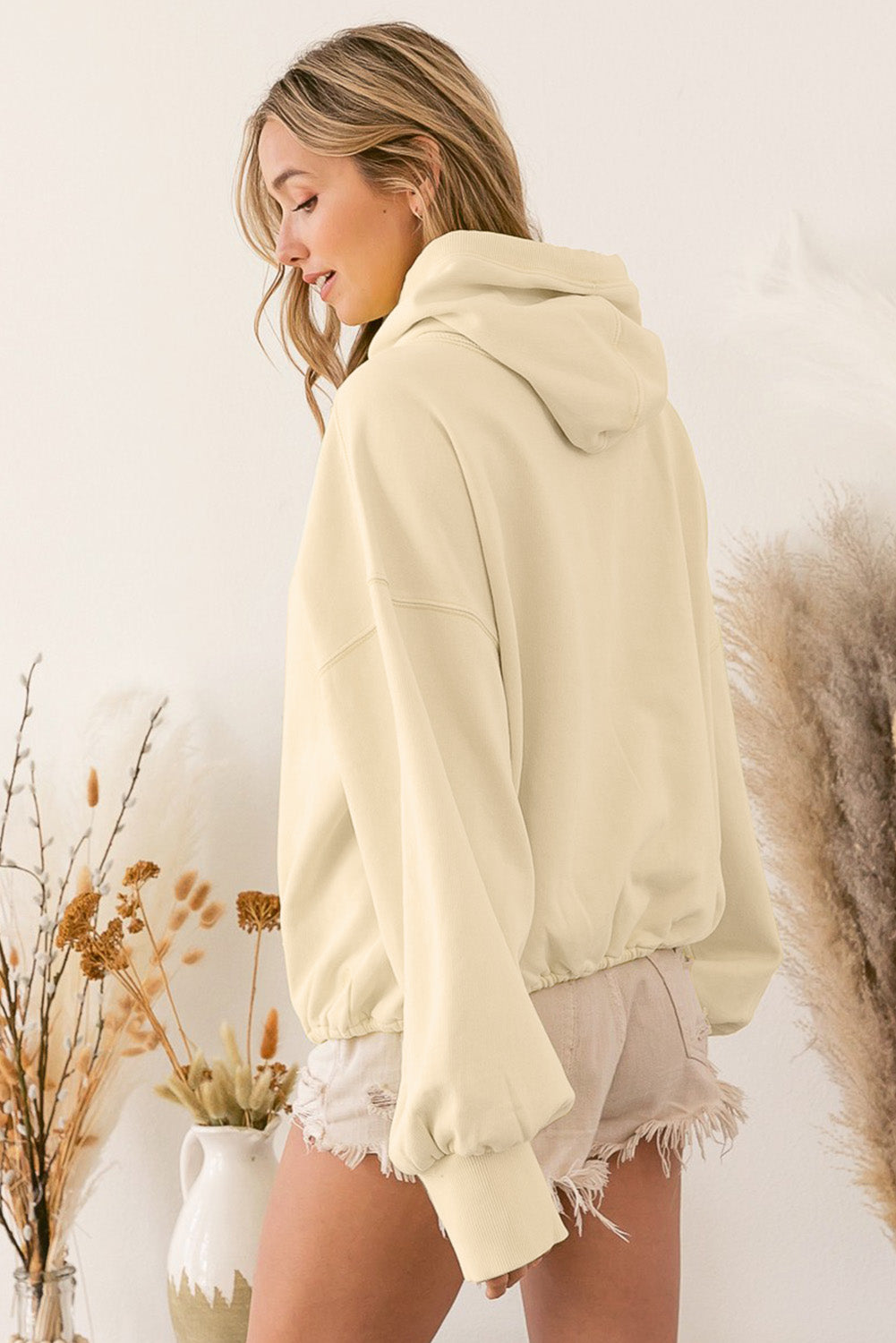 Beige Ribbed Trim Kangaroo Pocket Zipped Hoodie