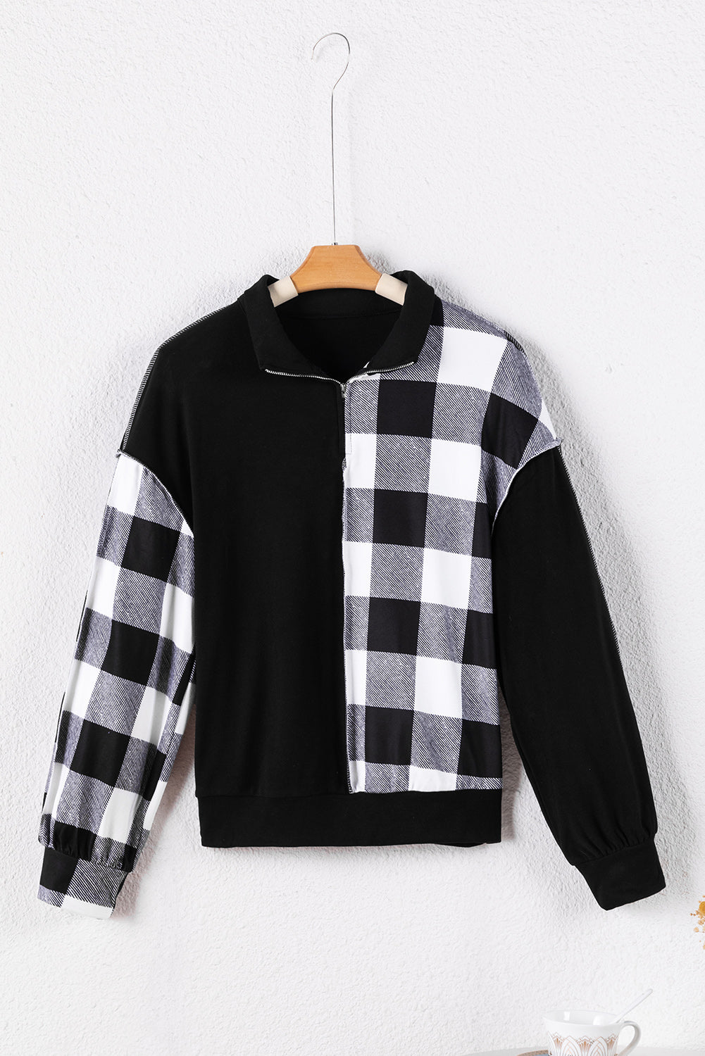 Black Checkboard Patchwork Exposed Stitching Collared Top