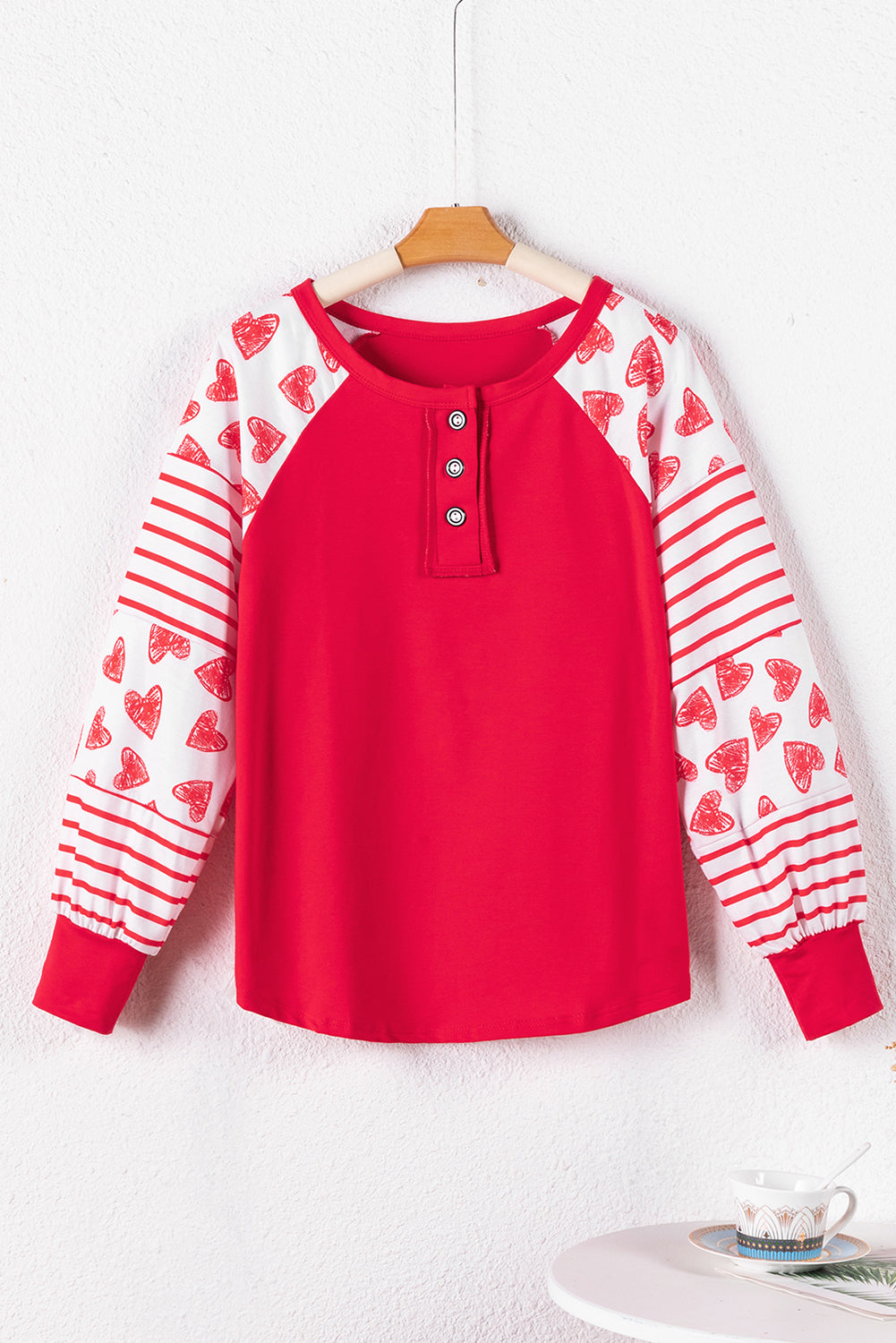 Fiery Red Heart Striped Raglan Sleeve Henley Top