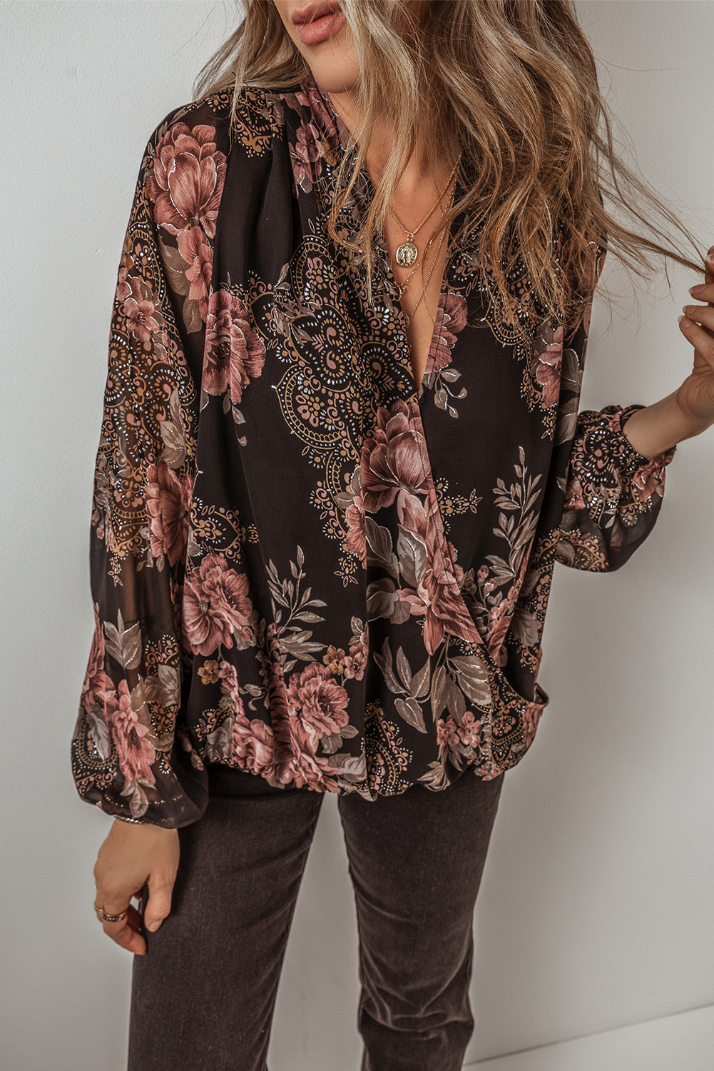 Black Floral Print Criss Cross V Neck Balloon Sleeve Blouse