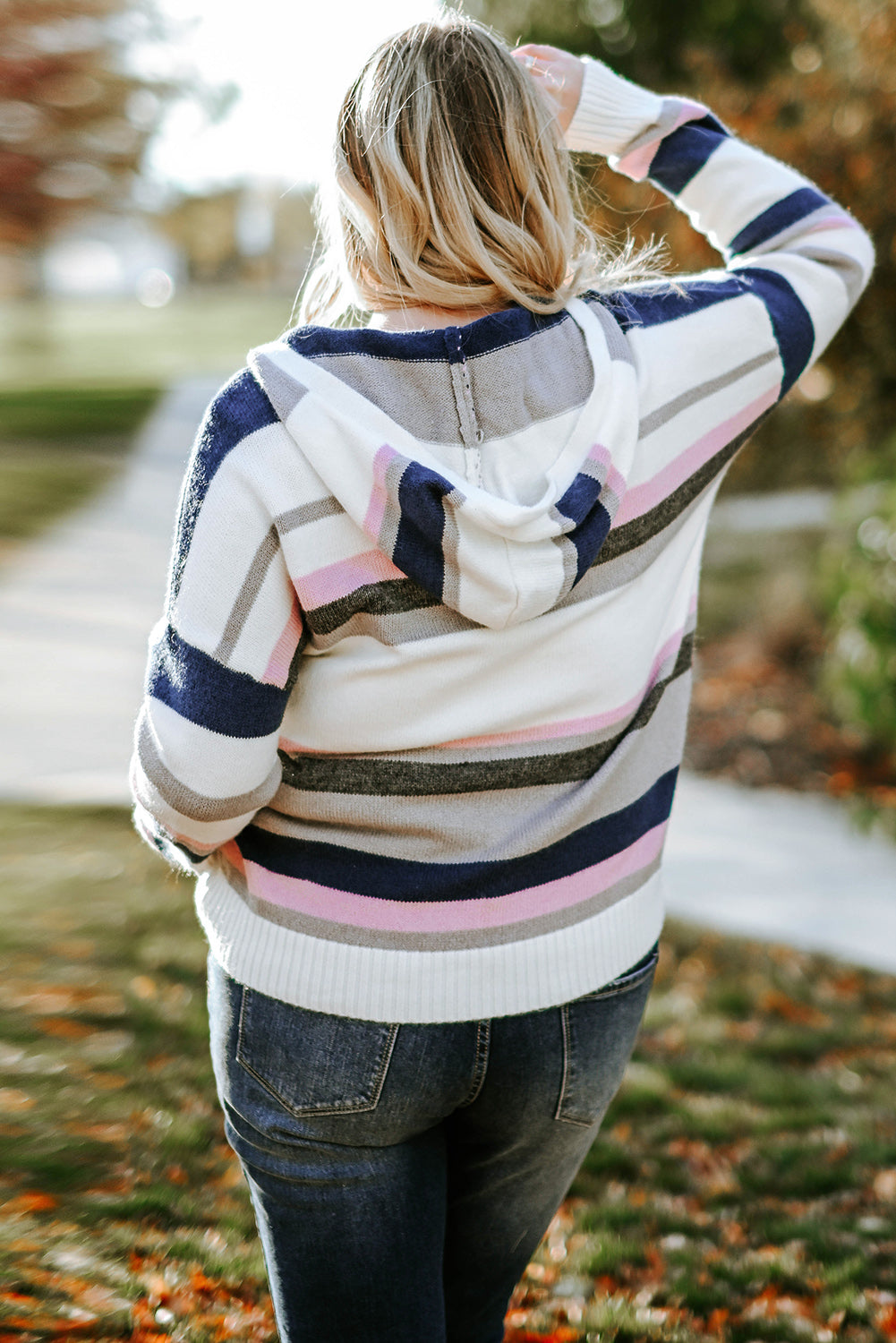 Stripe Plus Size Striped Hooded Knit Sweater