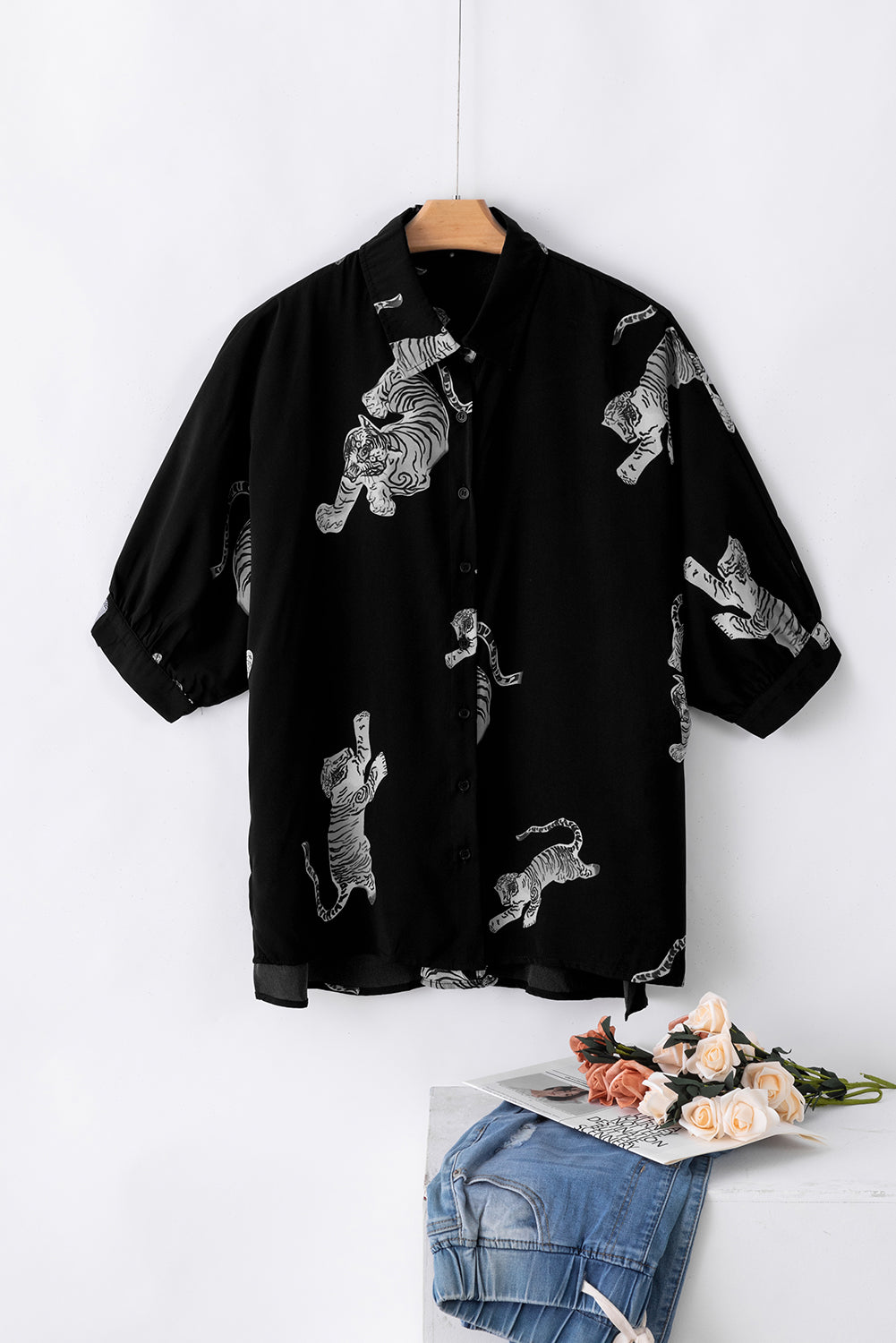 Black Tiger Print 3/4 Sleeve Oversized Shirt