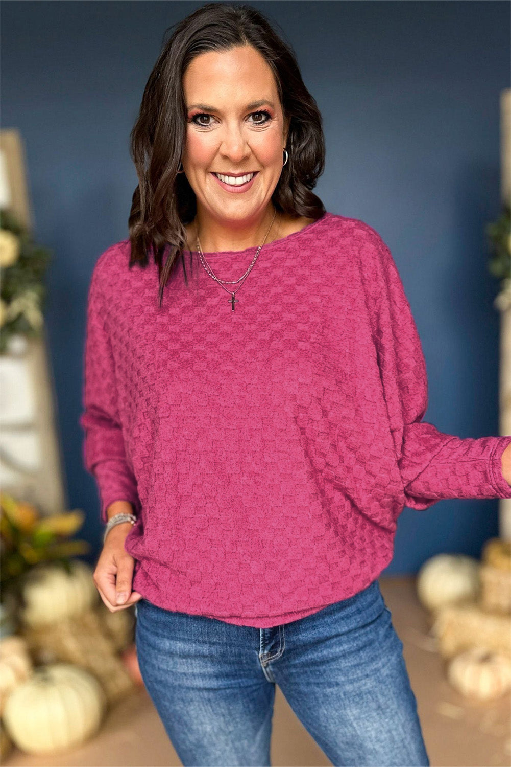 Bright Pink Checker Textured Dolman Sleeve Top