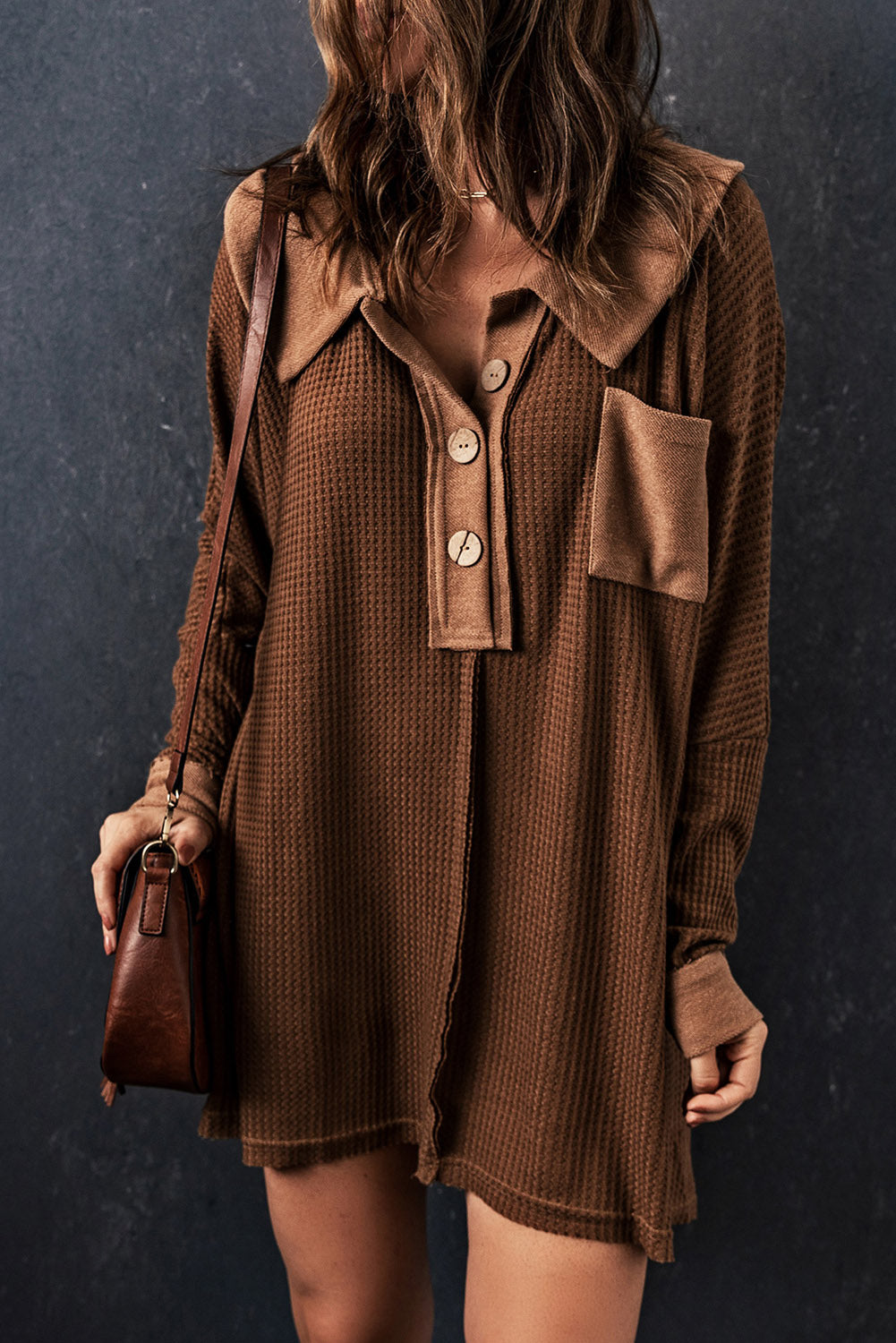 Brown Waffle Knit Buttoned Long Sleeve Top