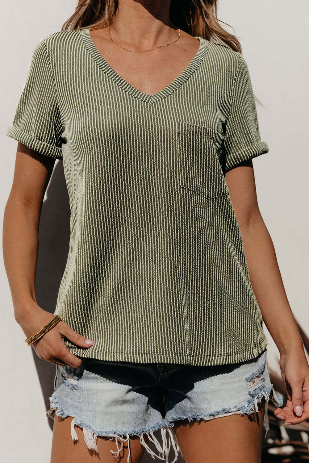 Laurel Green Twist Short Sleeve Corded V Neck Top