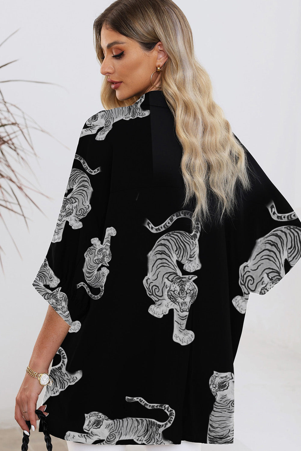 Black Tiger Print 3/4 Sleeve Oversized Shirt