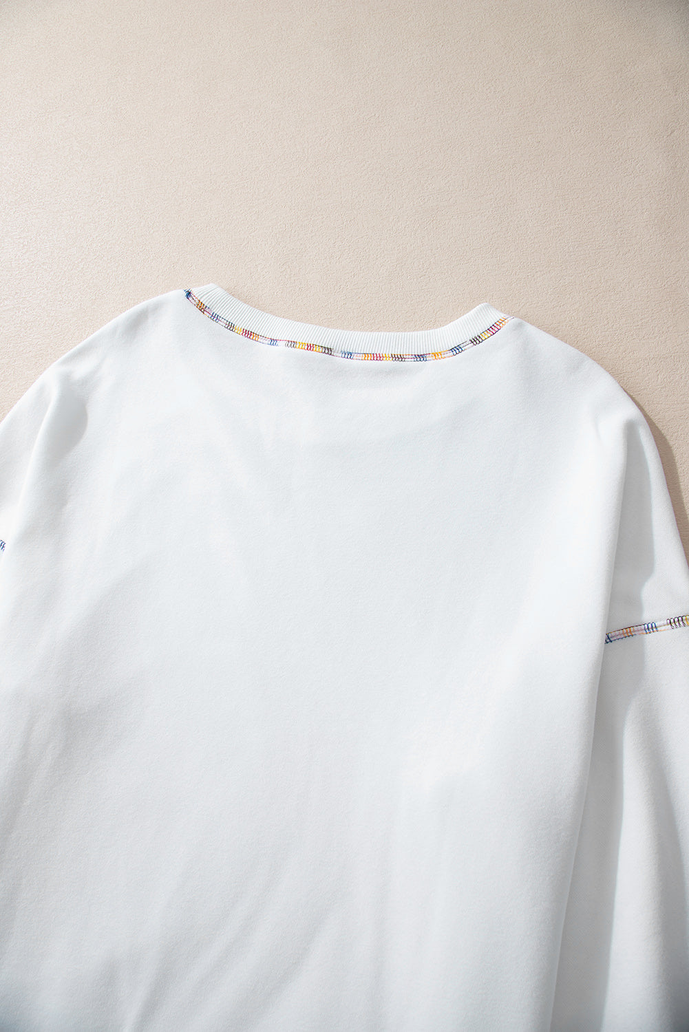 White Contrast Rainbow Trim Drop Shoulder Pullover Sweatshirt