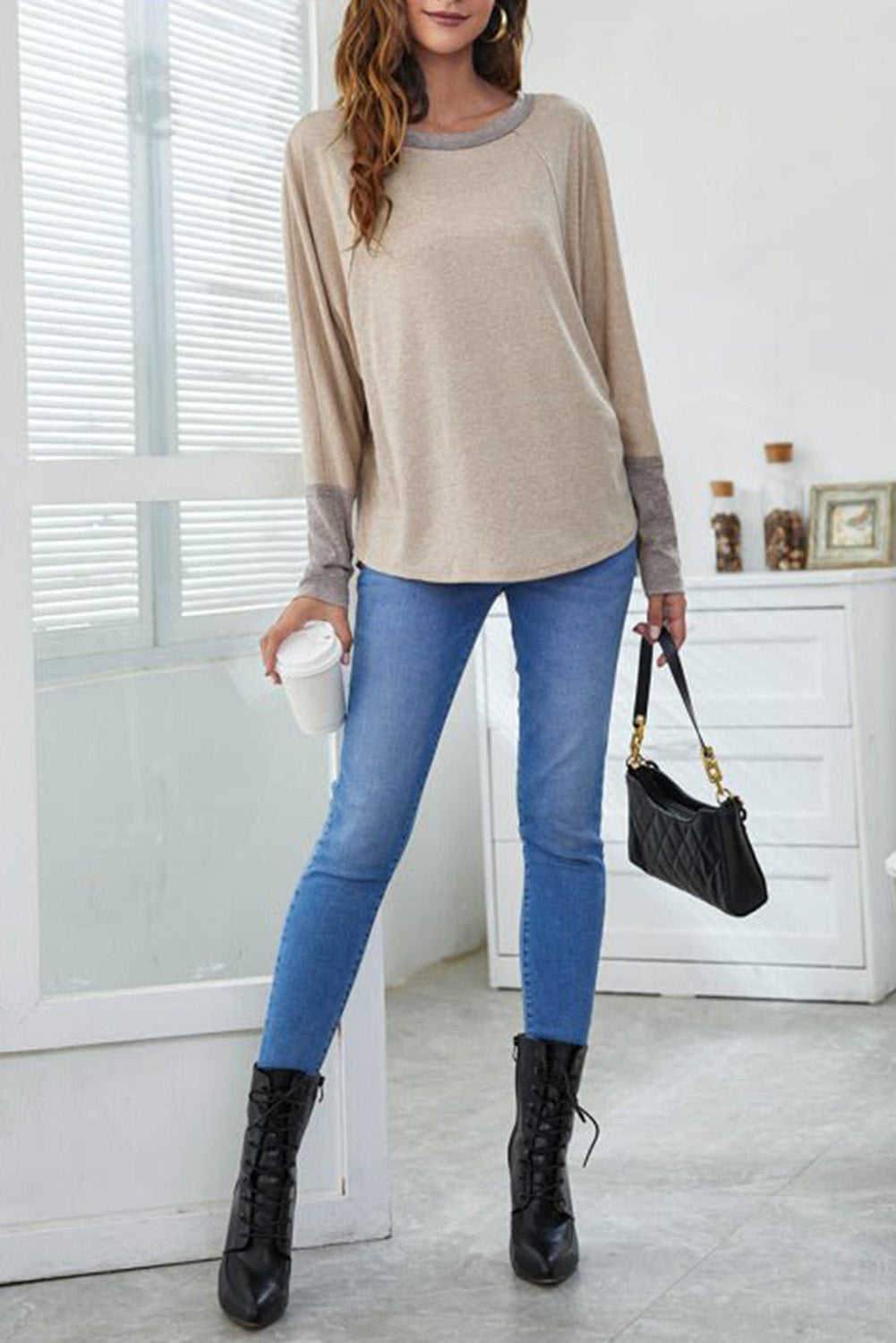 Khaki Contrast Cuffs Batwing Sleeve Loose Top