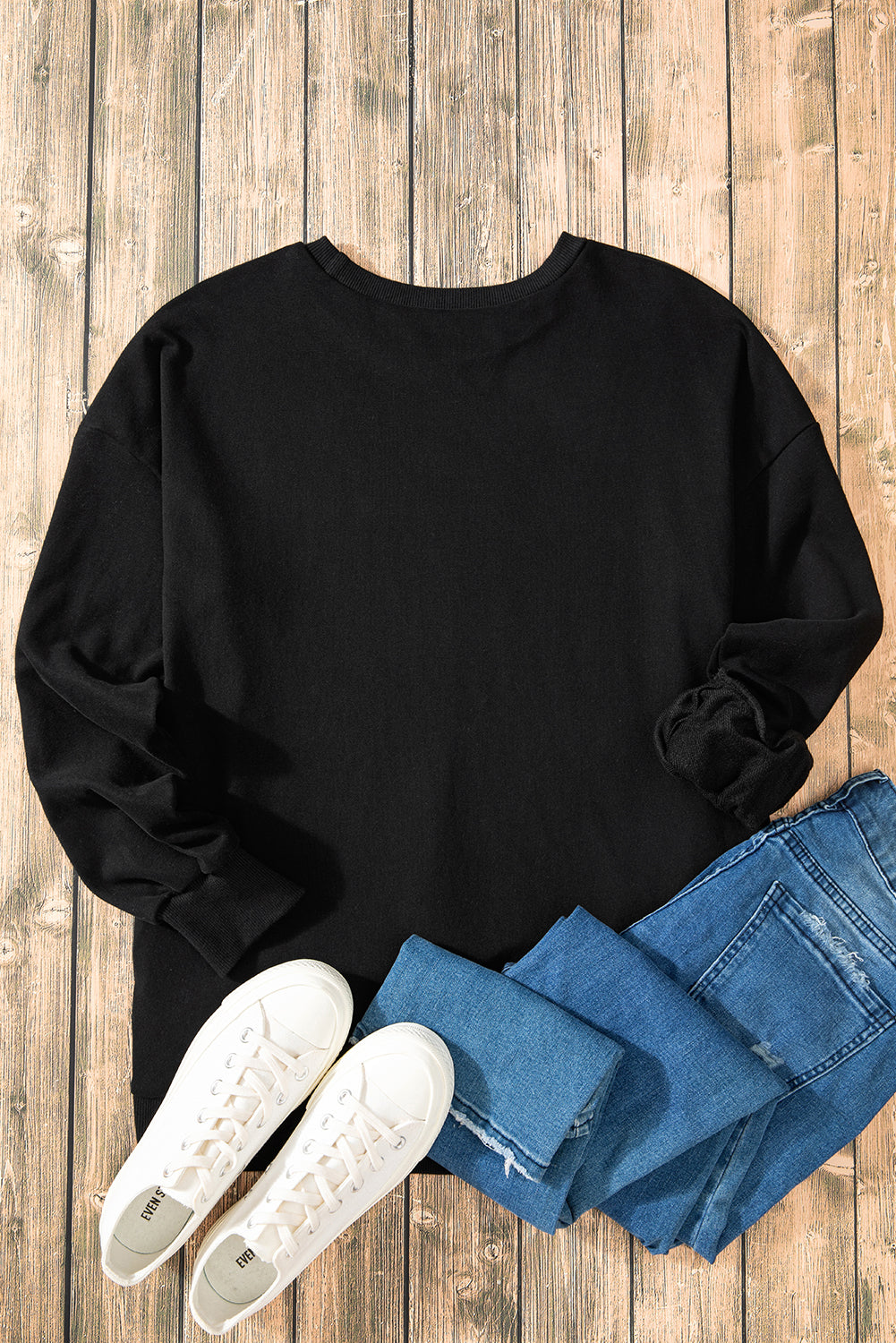 Black Solid O Neck High Low Hem Pullover Sweatshirt