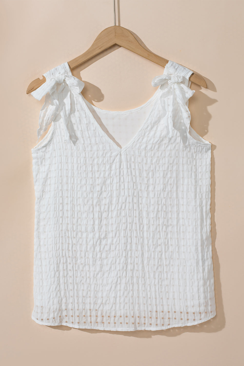 White Lattice Texture Bowknot Shoulder V Neck Tank Top