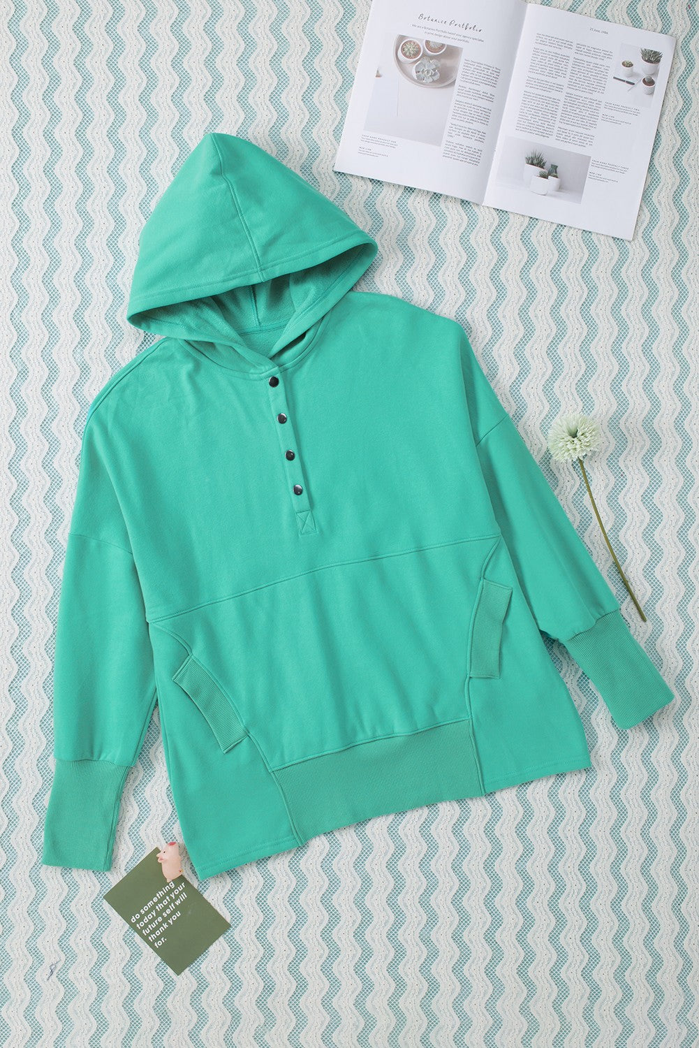 Turquoise Batwing Sleeve Pocketed Henley Hoodie