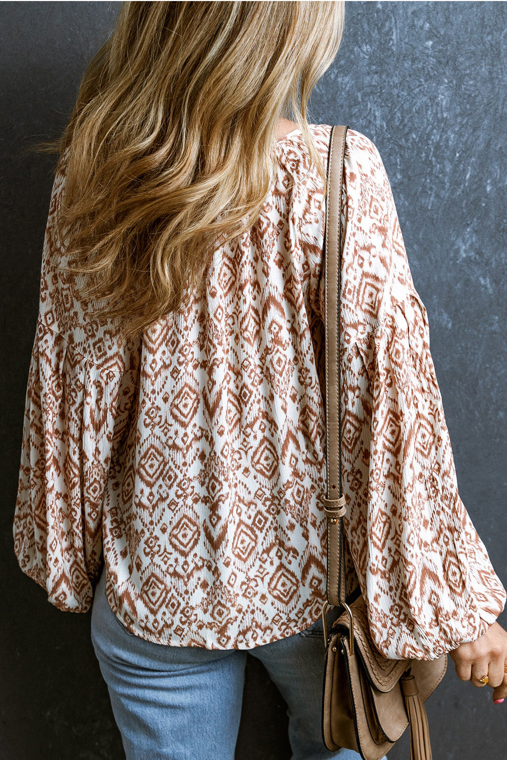 Apricot Western Print Balloon Sleeve Tassel Blouse