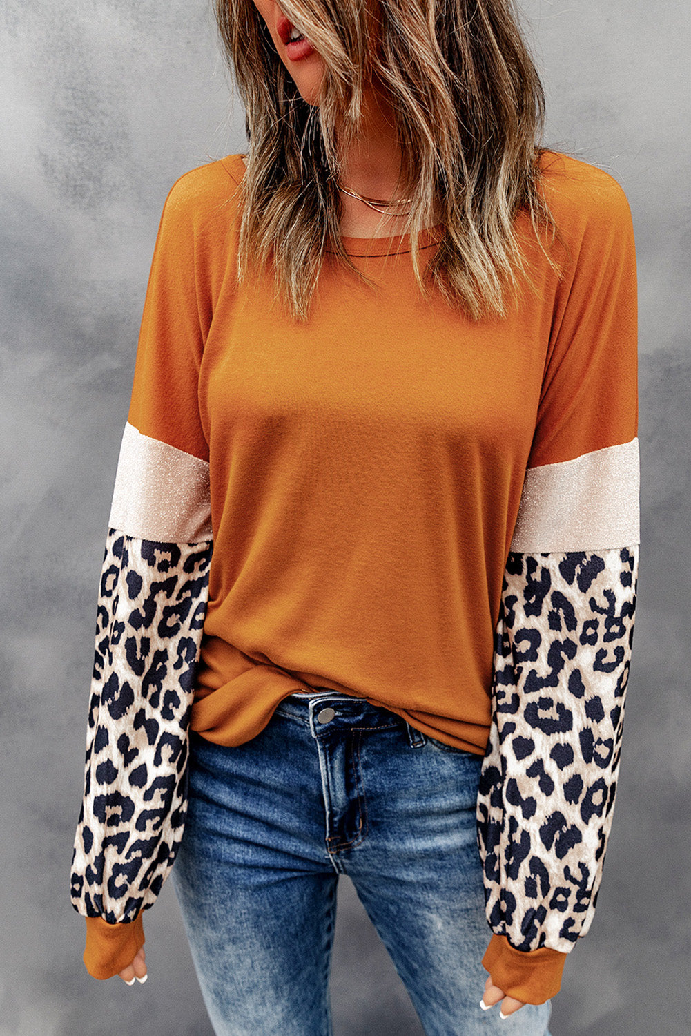 Brown Leopard Sequin Patchwork Long Sleeve Top